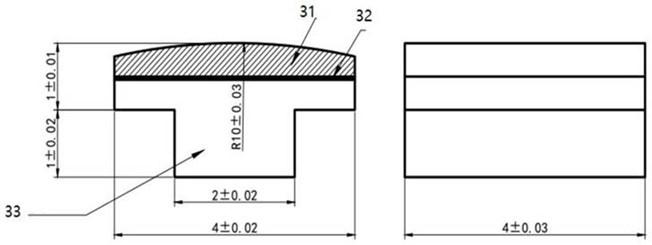 Querschnitt des T-förmigen Automobilhupenkontakts: Wolfram-Arbeitsschicht (31), BAg72Cu-Hartlotschicht (32) und Kupferträger (33). Querschnitt des T-förmigen Automobilhupenkontakts: Wolfram-Arbeitsschicht (31), BAg72Cu-Hartlotschicht (32) und Kupferträger (33).